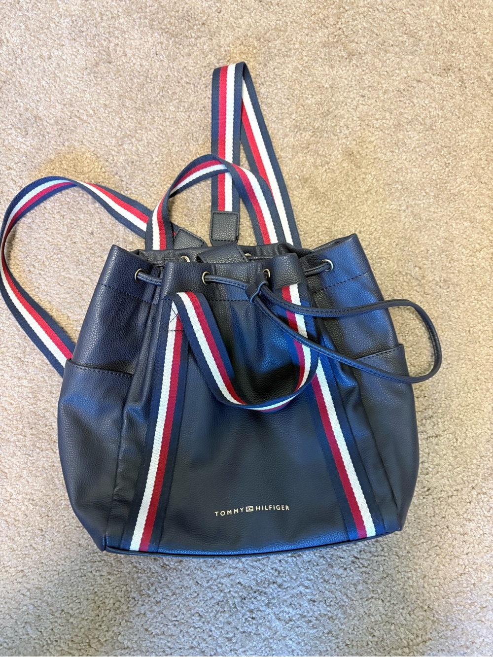 Tommy Hilfiger Navy Bucket Bag with Red & White Stripe Accents